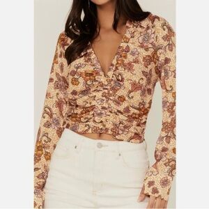 Free People Floral Blouse in Cream and Brown